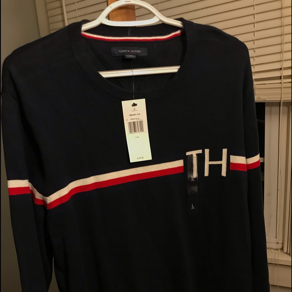 TOMMY HILFIGER MEN'S Medium Crew Neck Cotton Sweater TH Striped Navy Blue NEW